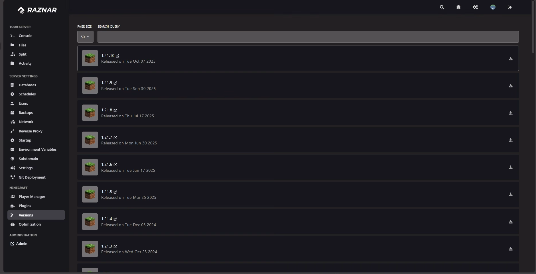 Menu Versions di Panel Raznar